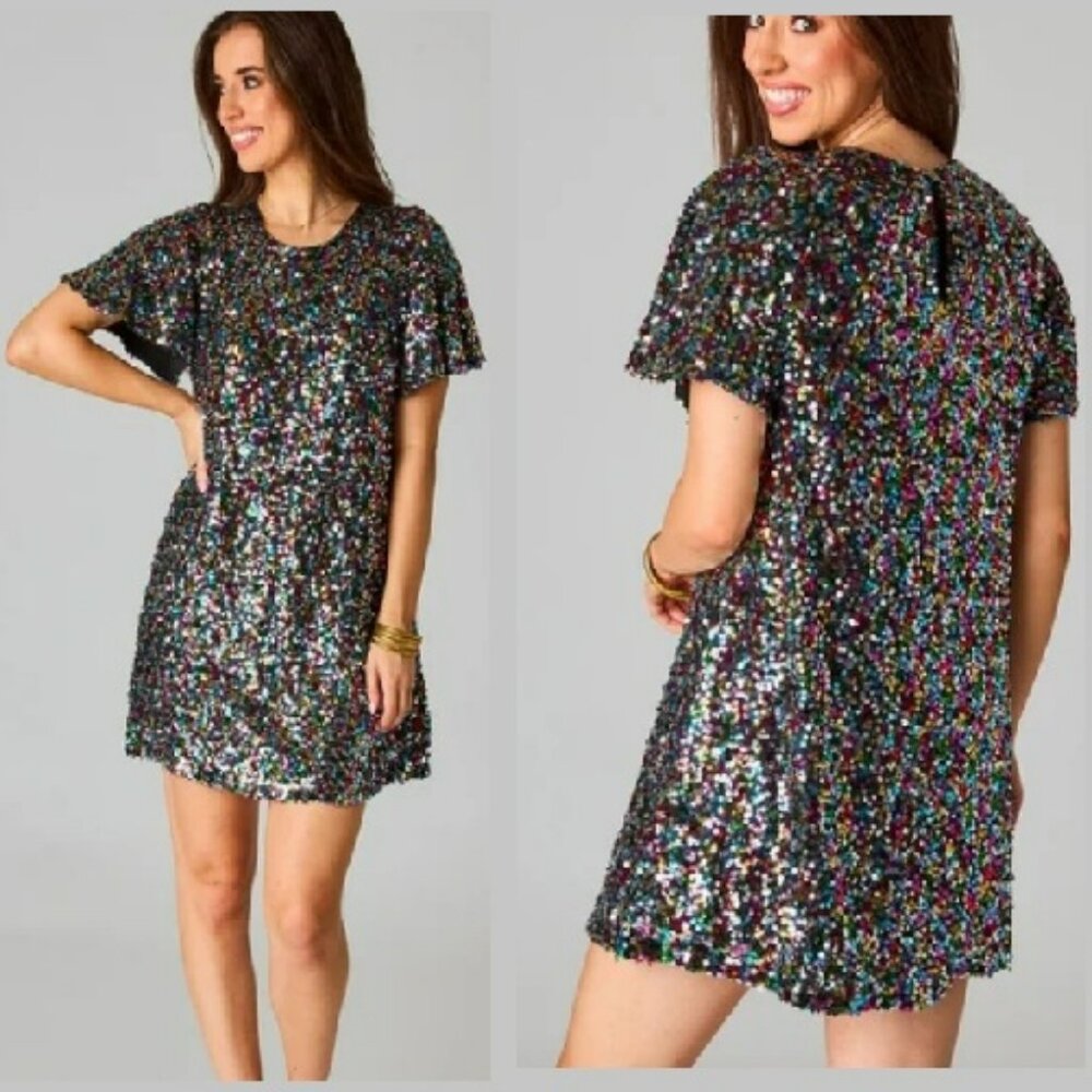Buddy Love Rainbow Mini Sequin Shift Dress Sz M